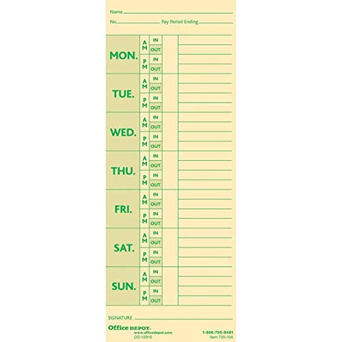 Office Depot Time Cards with Deductions, Weekly, Monday-Sunday Format, 2-Sided, 3 3/8in x 8 7/8in, Manila, pk of 100, GB-735104 - NewNest Australia