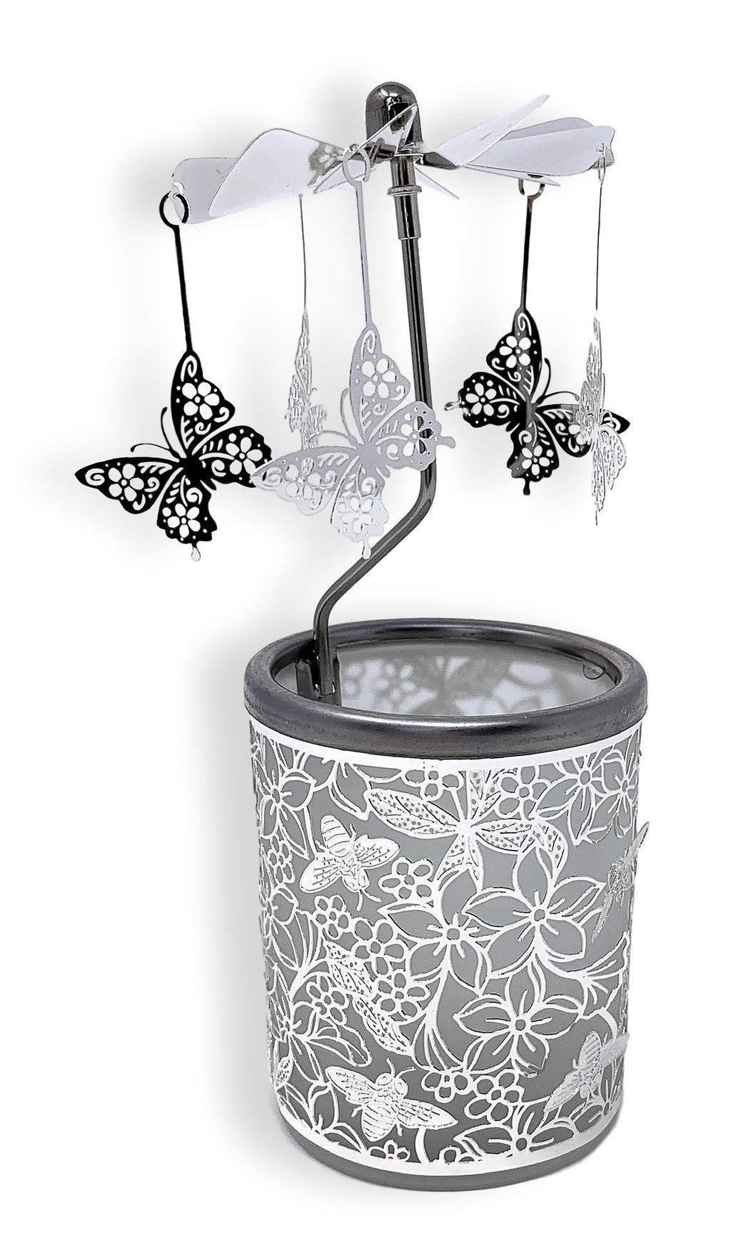 NewNest Australia - Butterfly Candle Holder - Silver Metal Rotating Spinning Butterflies with Flowers and Bees - Spinner Scandinavian Designs - 6 ¼ Inch Tall 