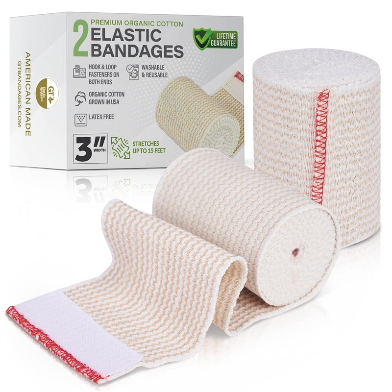 Premium Elastic Bandage Wrap Made of USA Grown Organic Cotton - Hook & Loop Fasteners at Both Ends - GT Latex Free Hypoallergenic Compression Roll for Sprains & Injuries (3" Wide, 2 Pack) 3" Wide - NewNest Australia