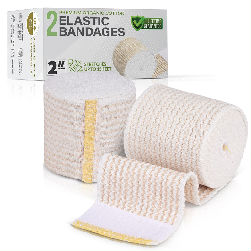 Premium Elastic Bandage Wrap Made of USA Grown Organic Cotton - Hook & Loop Fasteners at Both Ends - GT Latex Free Hypoallergenic Compression Roll for Sprains & Injuries (2" Wide, 2 Pack) 2" Wide - NewNest Australia