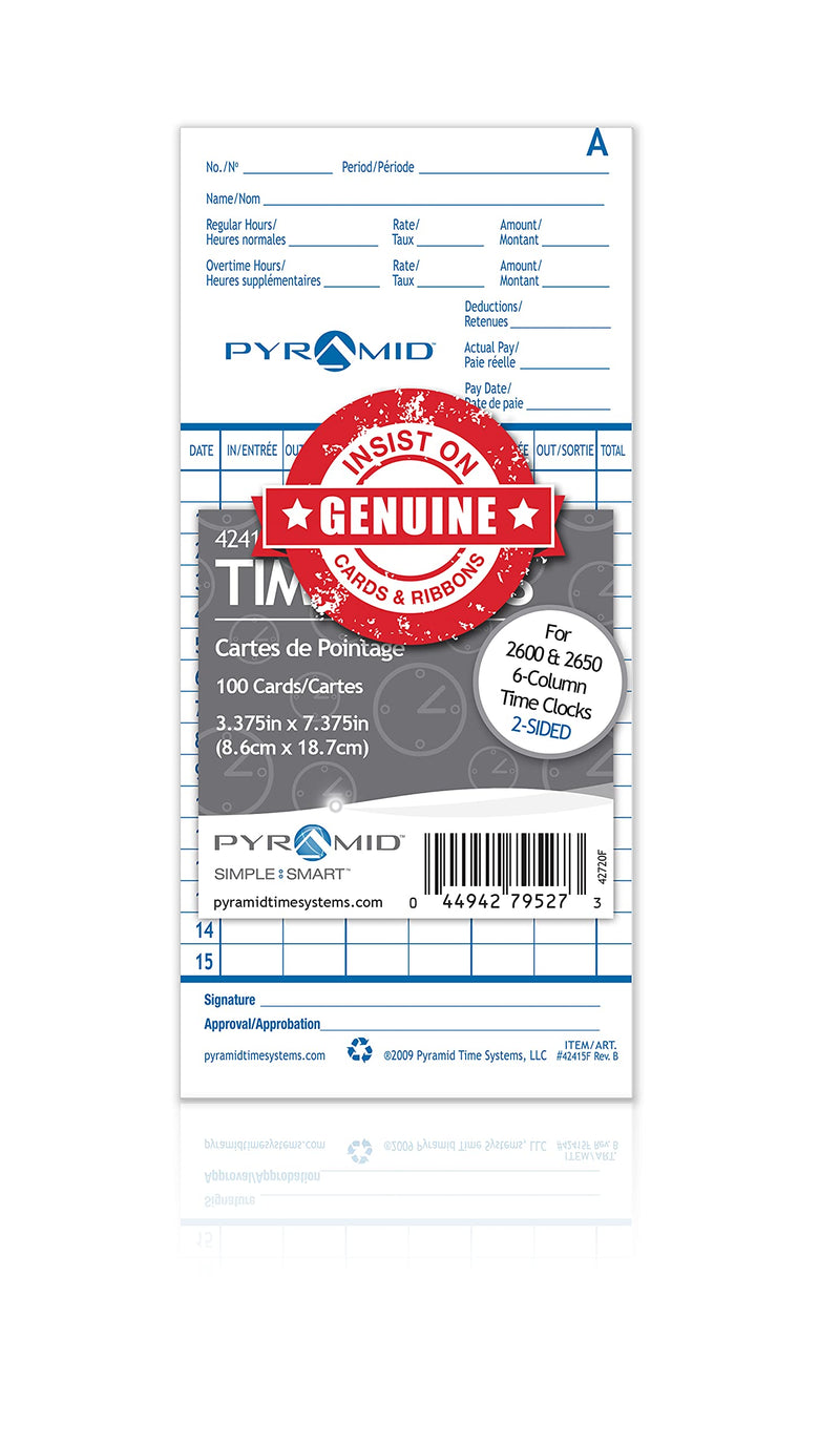 Pyramid Time Systems, 42415F, English and French Genuine and Authentic Time Cards for Pyramid Time Systems Models 2600 and 2650 Clocks, Pack of 100, time cards - NewNest Australia