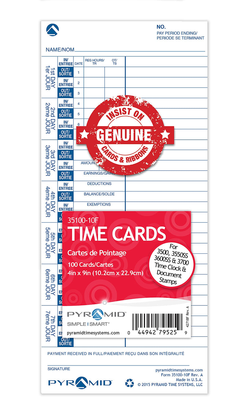 Pyramid English/French Genuine Time Cards for 3500, 3550SS, 3600SS and 3700 Clocks, 35100-10F (Pack of 100) - NewNest Australia