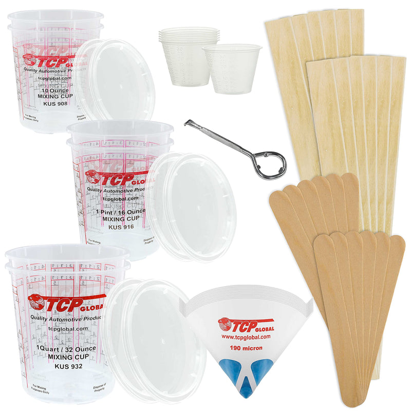 TCP GLOBAL Premium Paint Mixing Essentials Kit. Comes with 12 Mixing Cups, 6 Lids, 12 Wooden 12" Mixing Sticks, 12 Wooden Mini Mixing Paddles, 12 HQ 190 Mesh Paint Strainers & Paint Can Opener. - NewNest Australia
