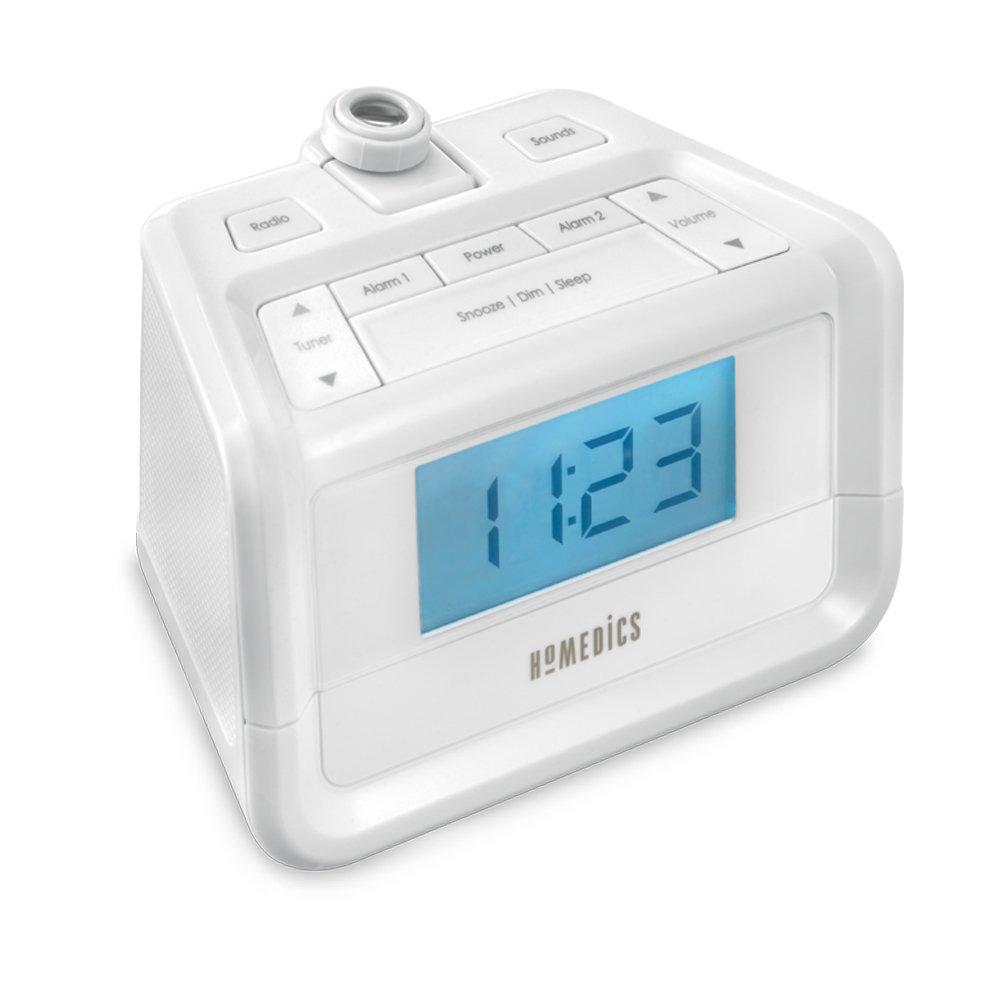 NewNest Australia - Dual Alarm Digital FM Clock Radio | Time Projection , 8 Relaxing Nature Sounds , LED Display , Multi-Alarm | Snooze , Sleep Timer , Nightlight , Ceiling Clock | SoundSpa HoMedics 