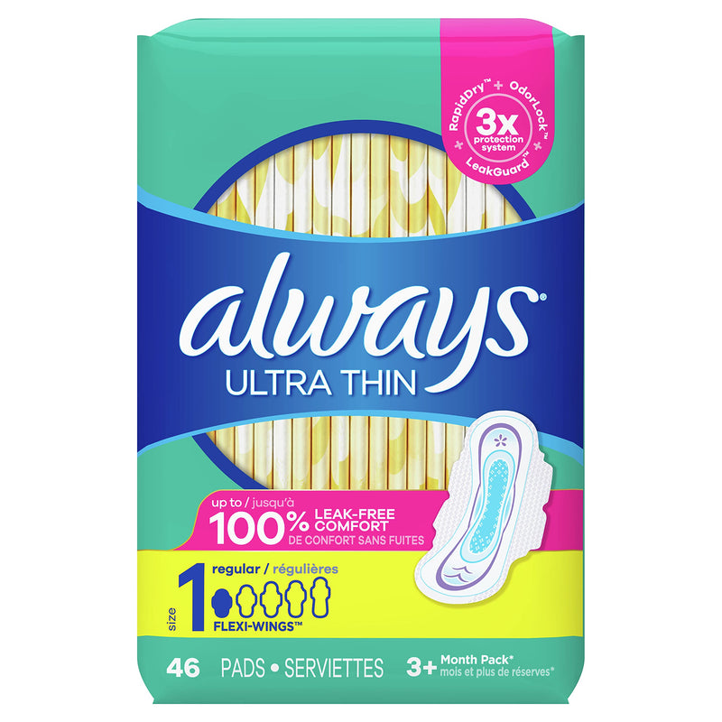 ALWAYS Ultra Thin Size 1 Regular Pads With Wings Unscented, 46 Count (Pack of 1) - NewNest Australia
