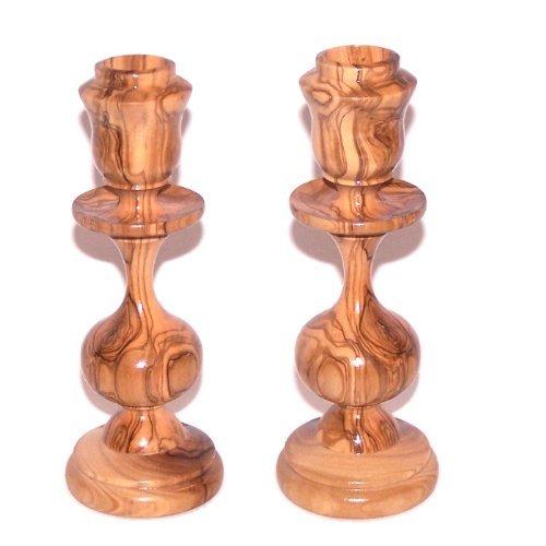 NewNest Australia - Holy Land Market A Pair of Oriental Design Olive Wood Candle Holders or Sticks (16 cm or 6.3 inches) - Asfour Outlet Trademark 