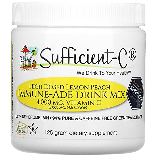 Sufficient-C High Dose Non-GMO Vitamin C Lemon Peach Immune-Ade Drink Mix, Convenient 125 Grams - with L-lysine, Bromelain and a Premium 96% Pure Green Tea Extract - immune, thyroid and adrenal and collagen support for healthy skin - UTI, acne, cold an... - NewNest Australia