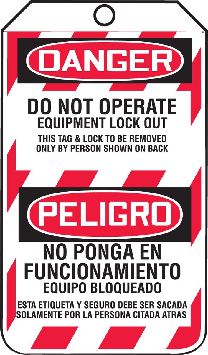 Accuform Lockout Tags, Pack of 25, Bilingual Danger Do Not Operation Equipment Lock Out, US Made OSHA Compliant Tags, Tear & Water Resistant PF-Cardstock, 5.75"x 3.25", TSP105CTP - NewNest Australia