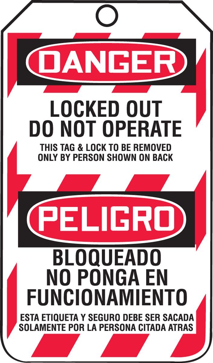 Accuform TSP103PTP Spanish Bilingual Lockout Tag, Legend "DANGER LOCKED OUT DO NOT OPERATE/ PELIGRO BLOQUEADO NO PONGA EN FUNCIONAMIENTO", 5.75" Length x 3.25" Width x 0.015" Thickness, RP-Plastic, Red/ Black on White (Pack of 25) 25 Tags - NewNest Australia