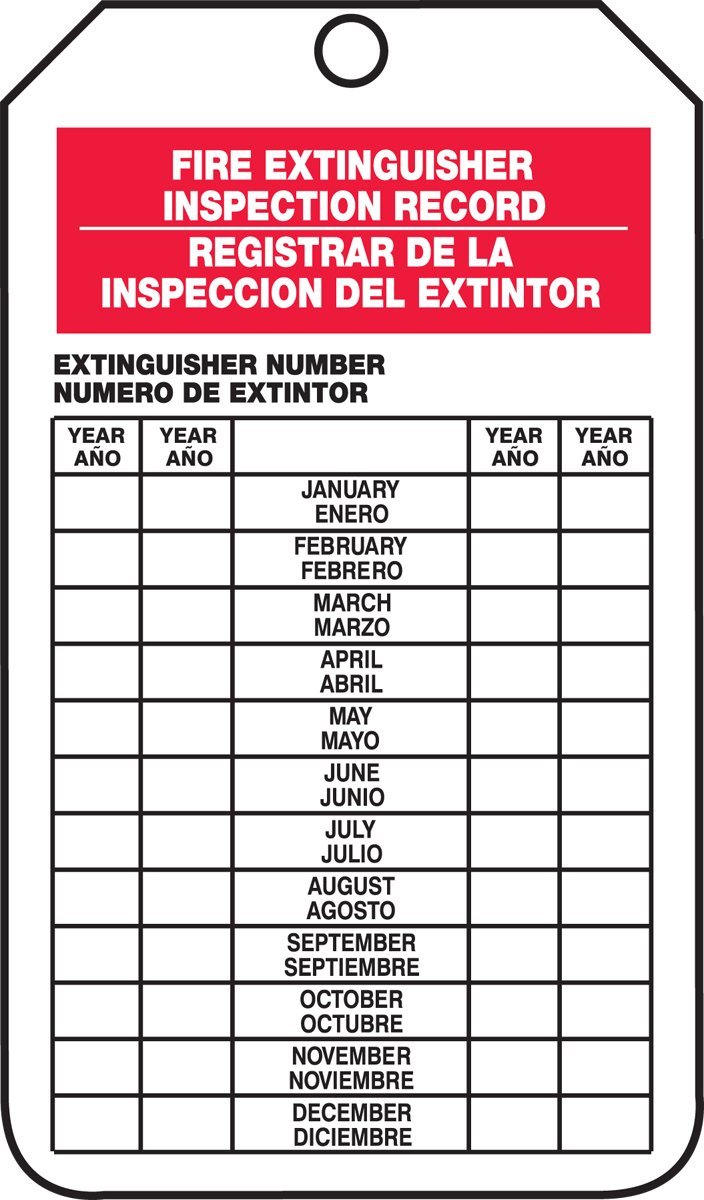 Accuform Signs SBTRS217CTP Spanish Bilingual Fire Extinguisher Tag, Legend "FIRE EXTINGUISHER INSPECTION RECORD/ REGISTRAR DE LA INSPECCION DEL EXTINTOR", 5.75" Length x 3.25" Width x 0.010" Thickness, PF-Cardstock, Red/ Black on White (Pack of 25) - NewNest Australia