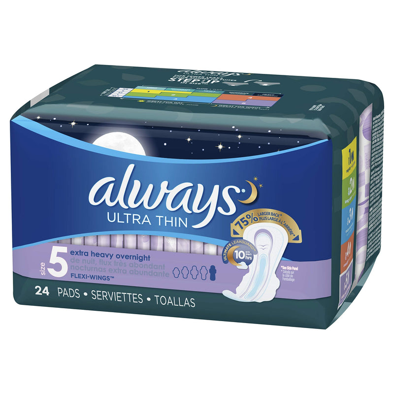 24 Count, ALWAYS Ultra Thin Size 5 Extra Heavy Overnight Pads with Wings Unscented - NewNest Australia