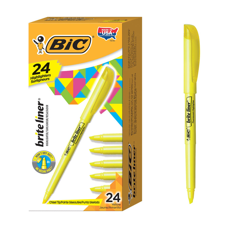 BIC Brite Liner Highlighter, Chisel Tip, Yellow, 24-Count, Chisel Tip for Broad Highlighting or Fine Underlining 24 Count - NewNest Australia