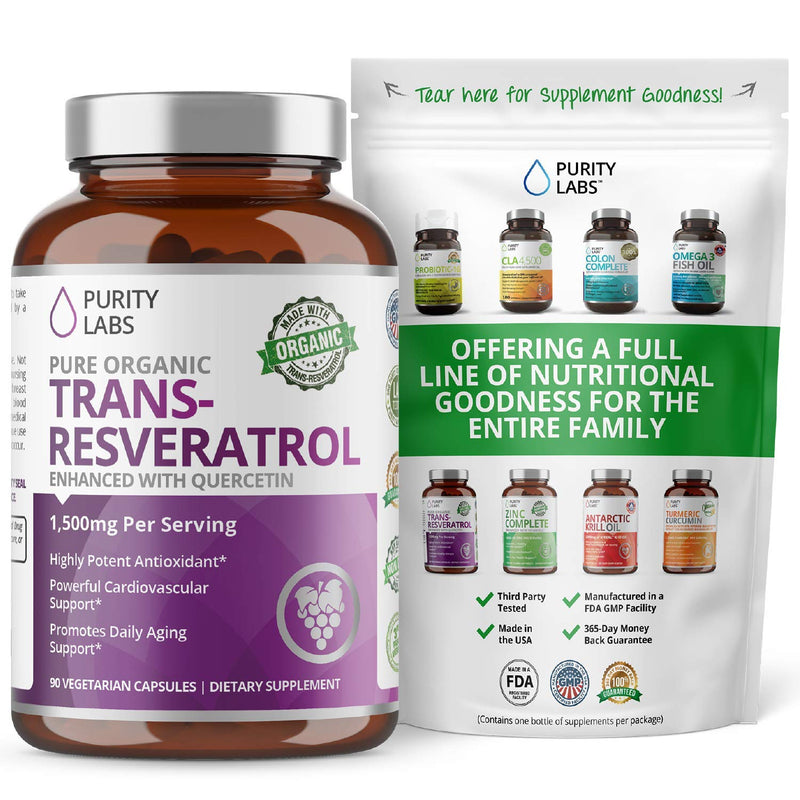 Organic Trans-Resveratrol Enhanced with Quercetin - 1,500MG Highest Potency Available in Vegetable Capsule - Powerful Support for CV System, Bones, Hair, Skin Nails - 90 caps - NewNest Australia