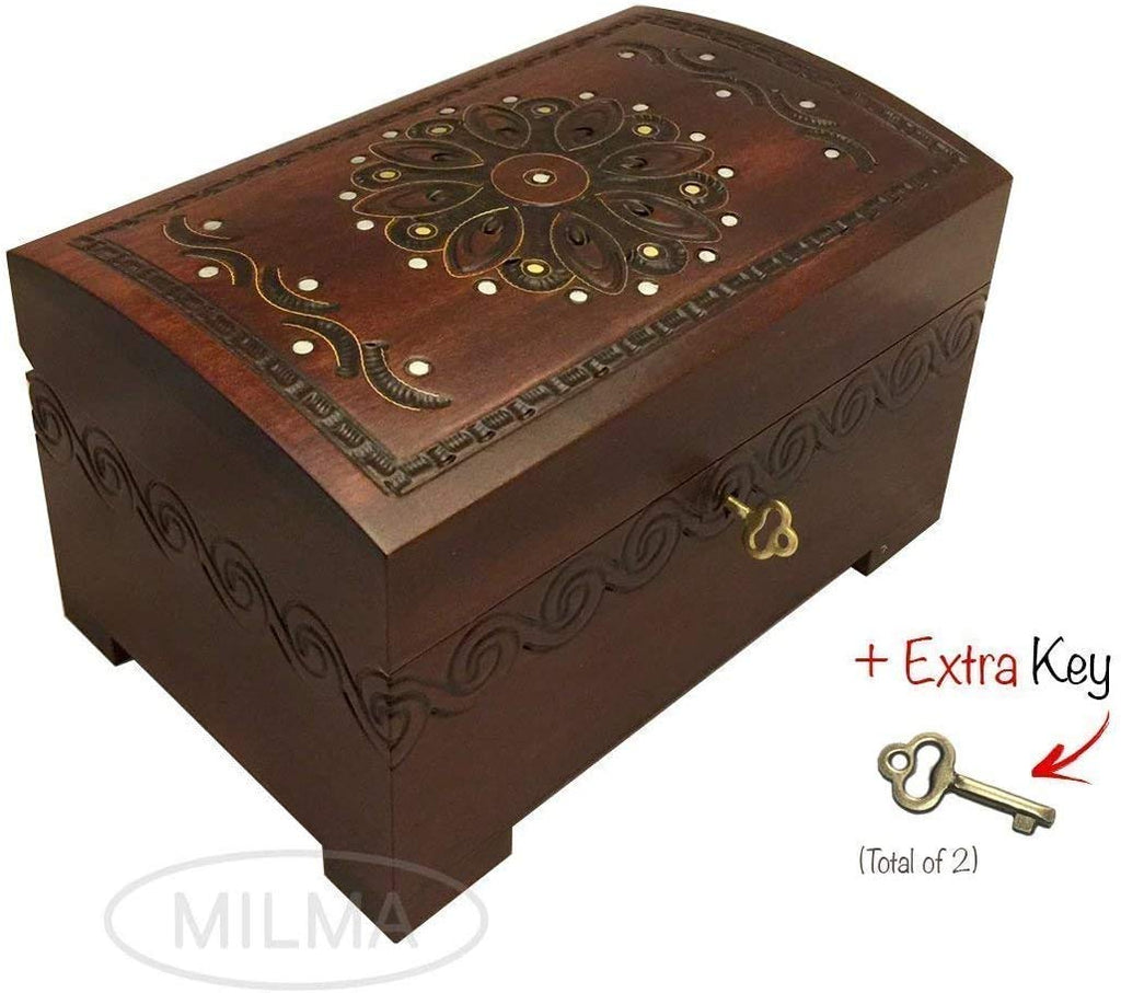 NewNest Australia - Large Flower and Holly Wood Jewelry Chest with Lock and Key Keepsake Box 
