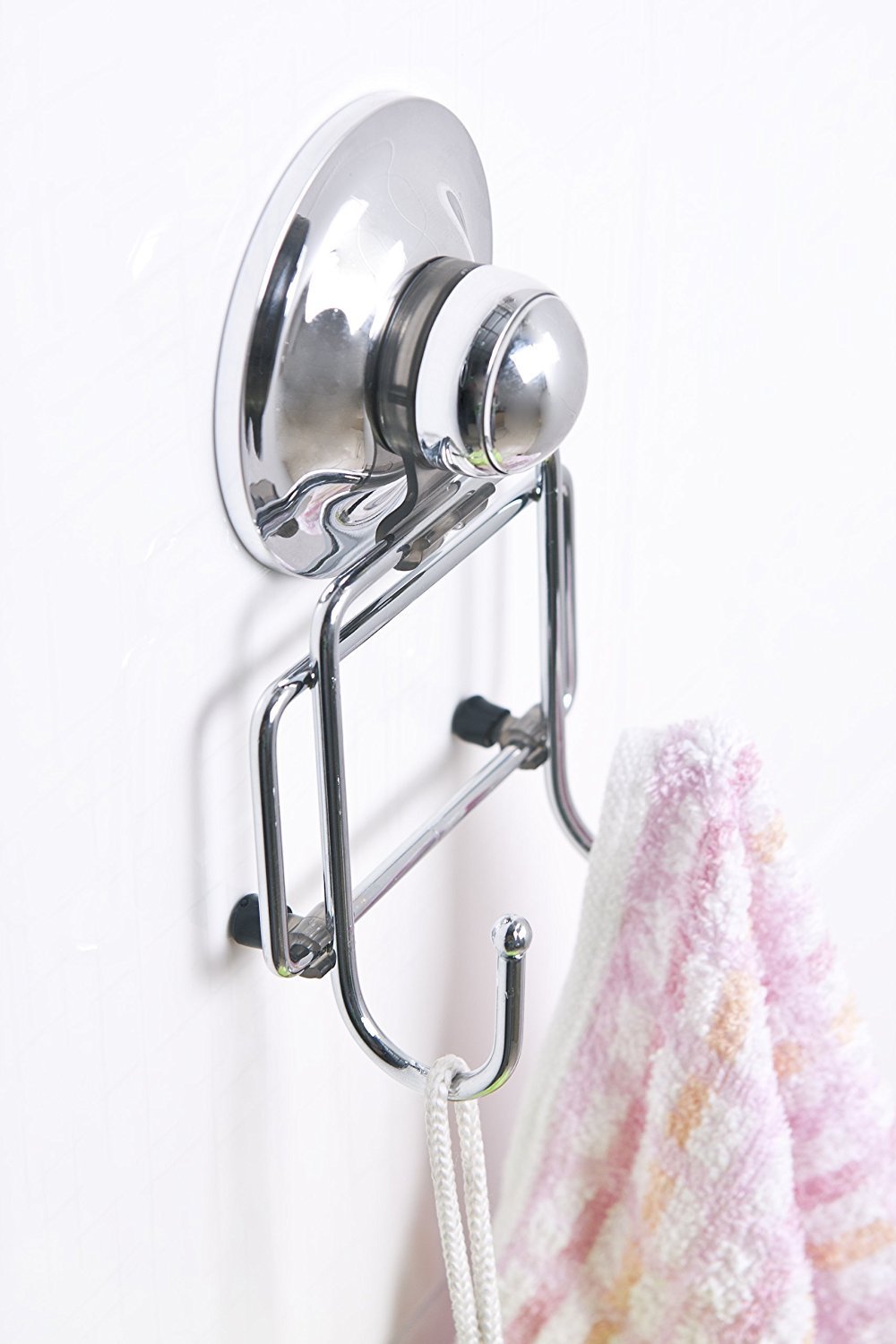 NewNest Australia - EZee Stick Suction Cup Hook Holder - Super Suction - Double Hook Chrome Finish - Easy Push-Button Installation 