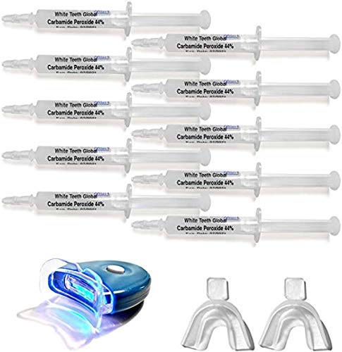 Very Strong 44% Carbamide Peroxide 10 Syringes of Teeth Whitening Gel - 1 LED Accelerator Light - 2 Trays - Shade Guide -Instructions Sheet - May cause sensitivity and gum irritation - NewNest Australia