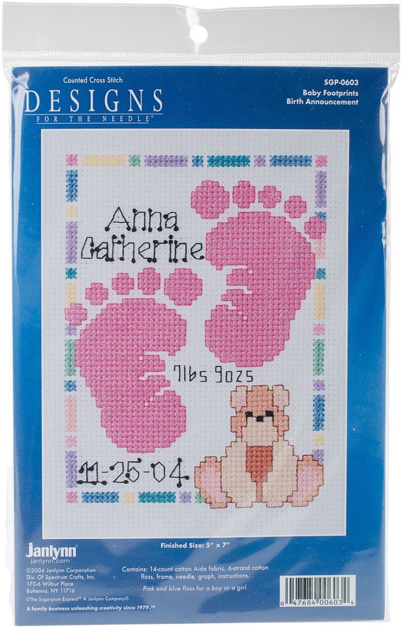 Janlynn Special Moments Baby Footprints Magenta Frame 14 Count 5 by 7-Inch Counted Cross Stitch Kit, Mini Baby Footprints 5"x7" Magenta Frame - NewNest Australia