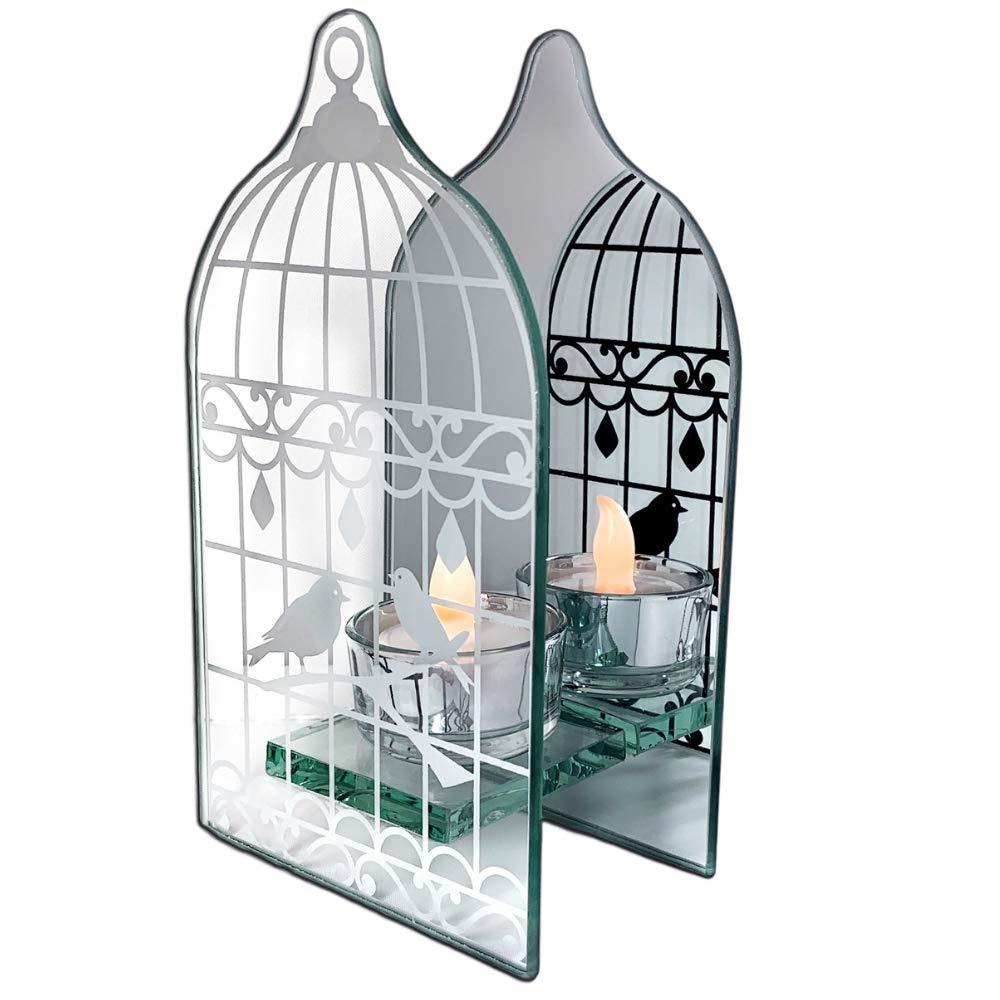 NewNest Australia - BANBERRY DESIGNS Birdcage Shaped Tea Light Holder - Mirrored Glass Infinity Candle Holder with Love Birds in a Vintage Bird Cage - Wedding Home Decor Gifts 