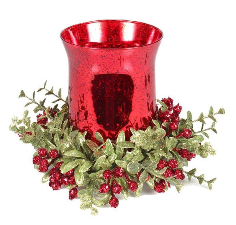 NewNest Australia - Kissing Krystals 8 Inch Mistletoe Floral Red Tea Light Glass Candle Holder Set 