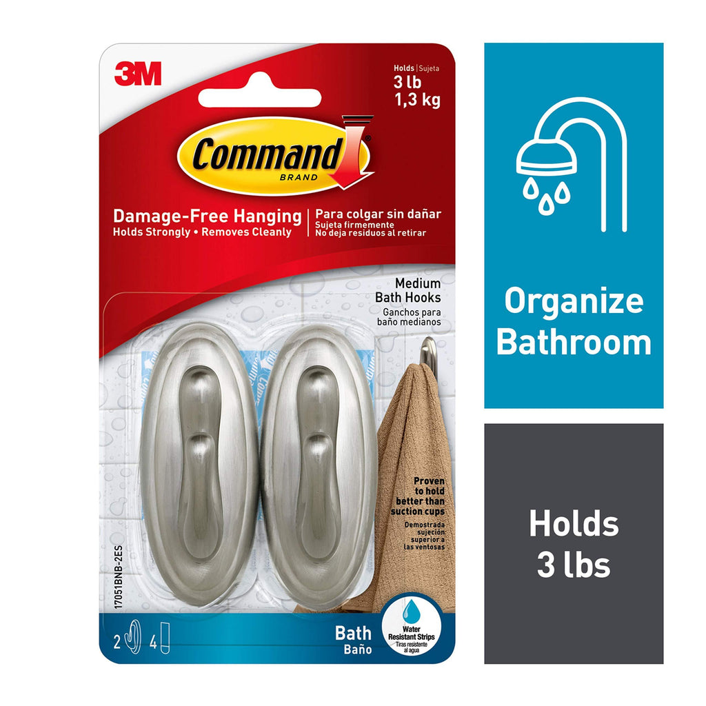 NewNest Australia - Command Traditional Plastic Bath Hooks Value Pack, Medium, Brushed Nickel, 2-Hooks (17051BNB-2ES), Organize your dorm 2 Hooks Bath - Brushed Nickel 