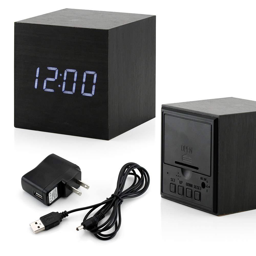 NewNest Australia - GEARONIC TM Wooden Alarm Clock, LED Square Cube Digital Alarm Thermometer Timer Calendar Brighter LED -Black Black 