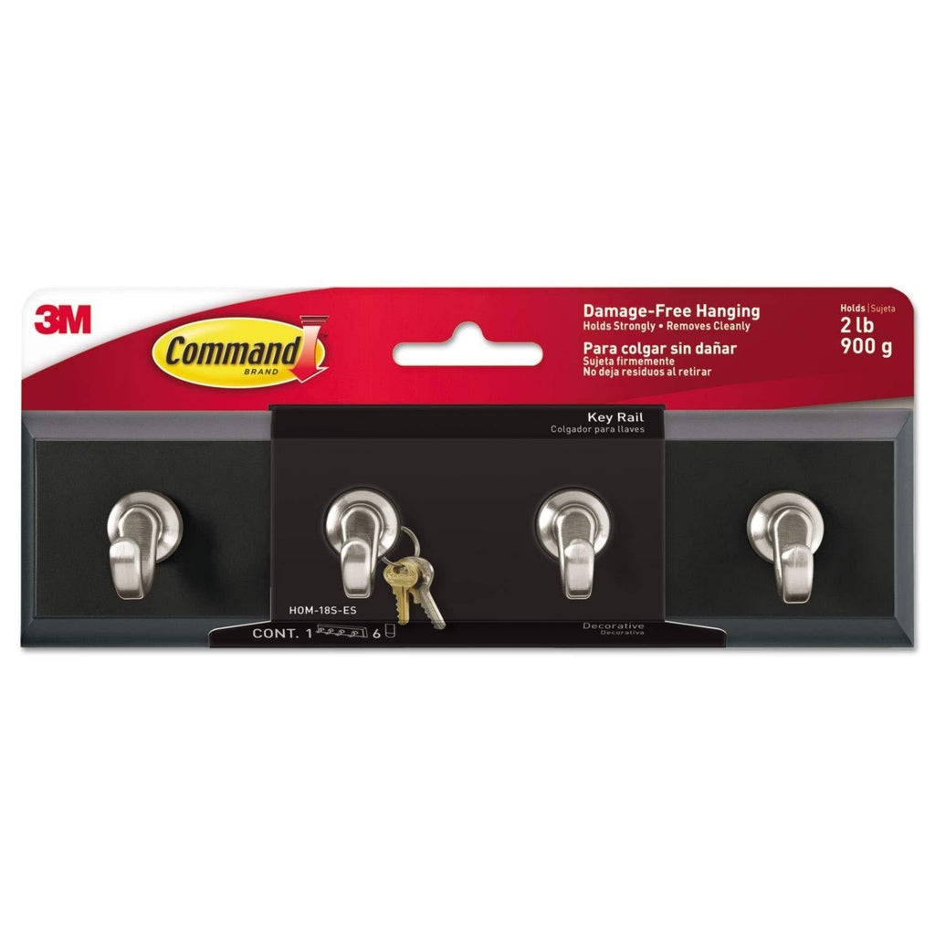 NewNest Australia - 3M Command HOM18SES Decorative Key Rail, 8w x 1 1/2d x 2 1/8h, Black/Silver, 4 Hooks/Pack 