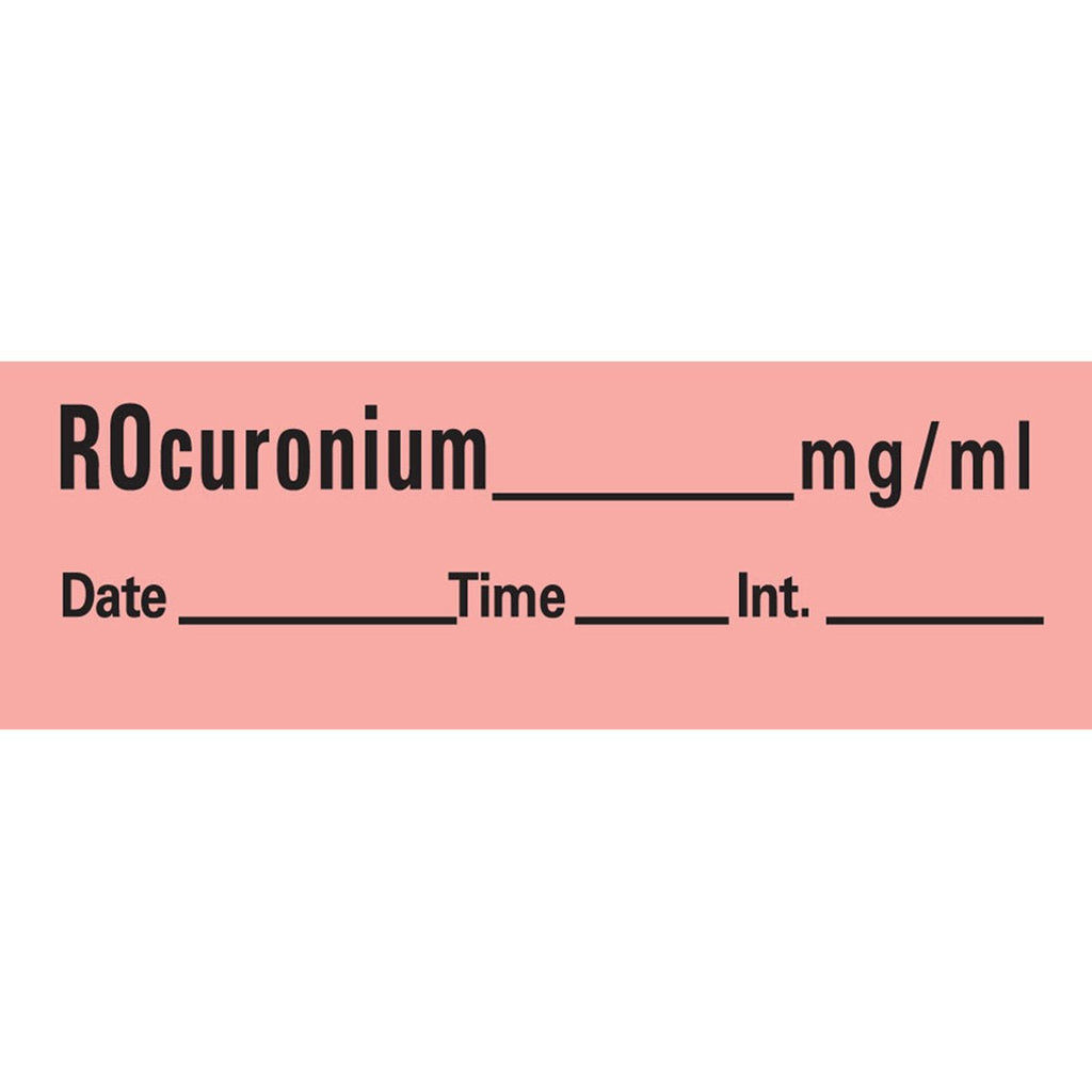 PDC AN-161 Anesthesia Removable Tape with Date, Time & Initial, Rocuronium Mg/Ml, 1/2" Width, 500" Length, 333 Imprints, Fluorescent Red - NewNest Australia