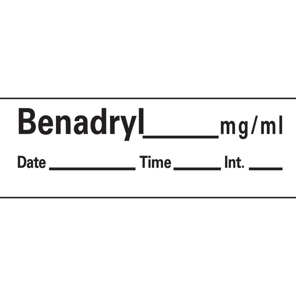 PDC AN-109 Anesthesia Removable Tape with Date, Time & Initial, Benadryl Mg/Ml, 1/2" Width, 500" Length, 333 Imprints, White - NewNest Australia