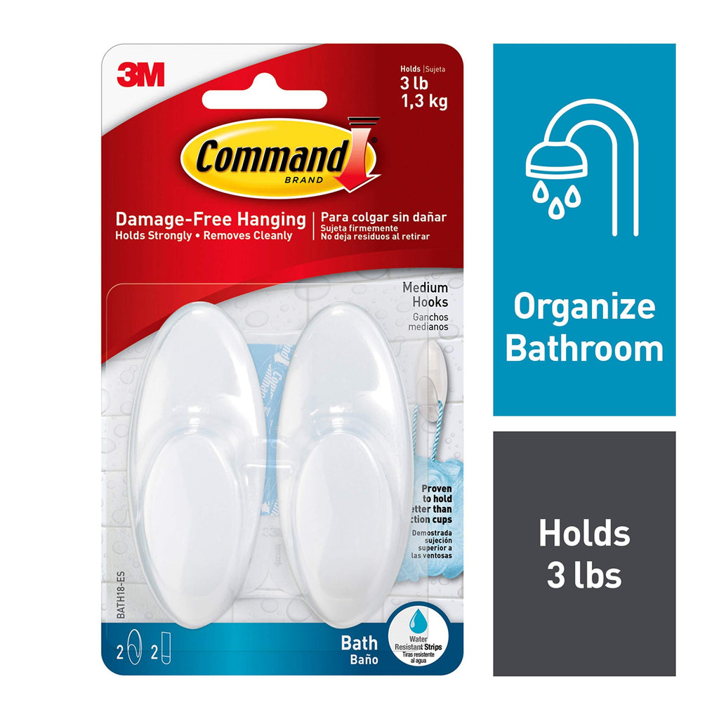 NewNest Australia - Command Bath Medium Hooks, 3 lb Capacity, 2 Hooks, 2 Strips, BATH18-ES 