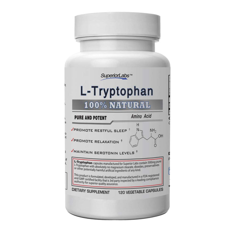 Superior Labs – Pure L-Tryptophan – 500mg, 120 Vegetable Capsules – Non-GMO Dietary Supplement for Restful Sleep & Relaxation – Supports Feelings of Well Being and Healthy Circulation Circulation - NewNest Australia