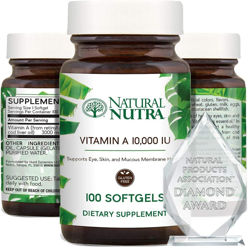 Natural Nutra Vitamin A 10,000 IU, Retinol Palmitate Dietary Supplement from Cod Liver Oil, Extra Strength for Eye, Skin, Nails and Immune Health with Omega 3, 100 Gluten Free Softgels 100 Count (Pack of 1) - NewNest Australia
