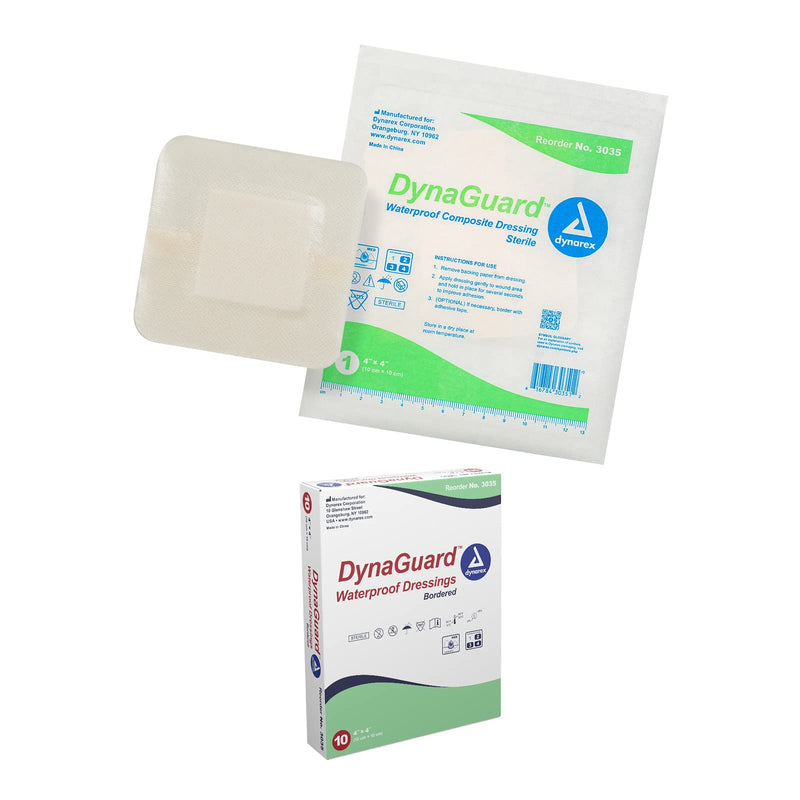 Dynarex DynaGuard Waterproof Dressings, Sterile, Four-Layer Composite Dressing, Protects and Offers Optimal Moist-Environment, Bordered - 4" x 4", 1 Box of 10 Waterproof Dressings - NewNest Australia