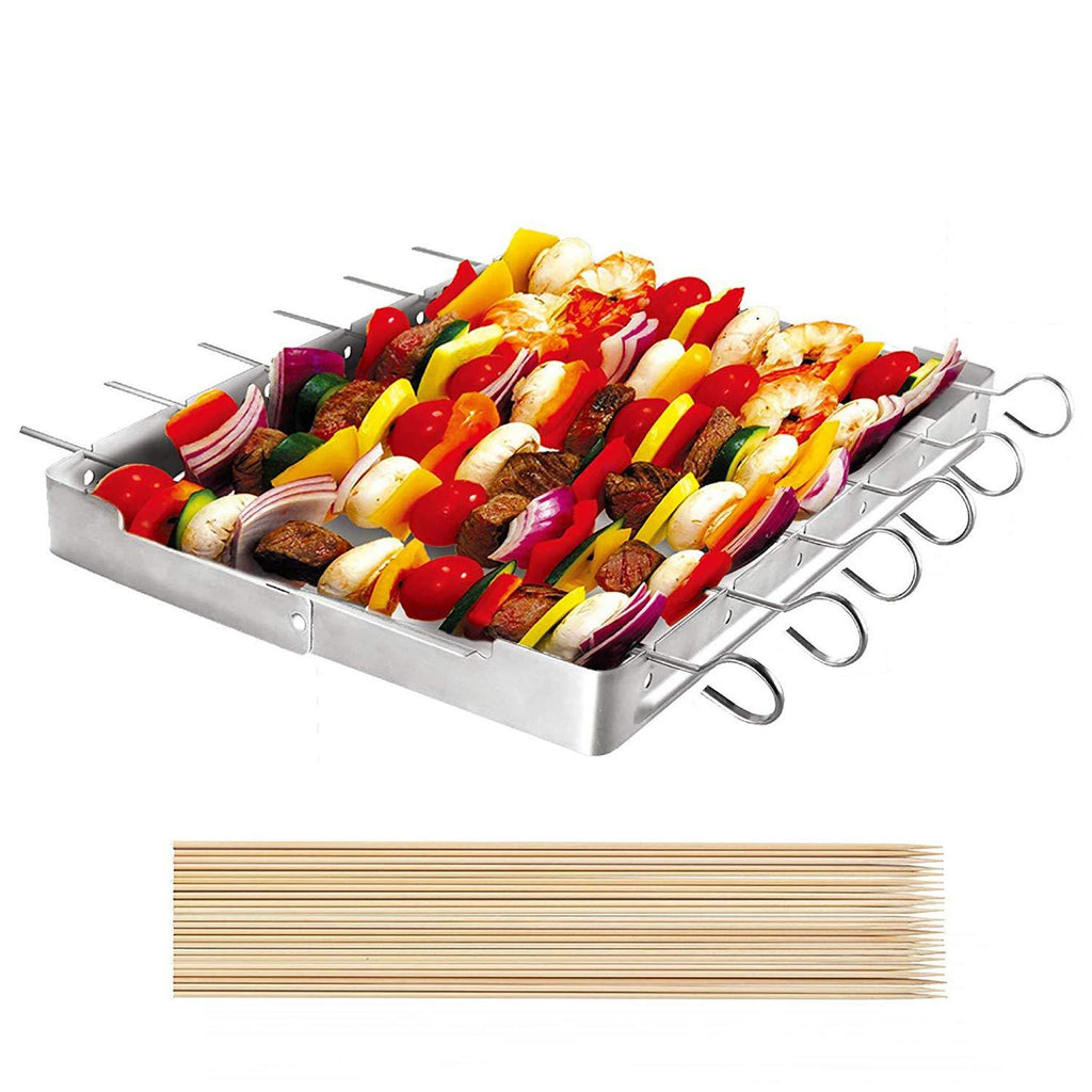 NewNest Australia - Unicook Heavy Duty Stainless Steel Barbecue Skewer Shish Kabob Set, 6pcs 13" L Skewer and Foldable Grill Rack Set, Durable and Reusable, Bonus of 50pcs 12.5" L Bamboo Skewers for Party and Cookout 