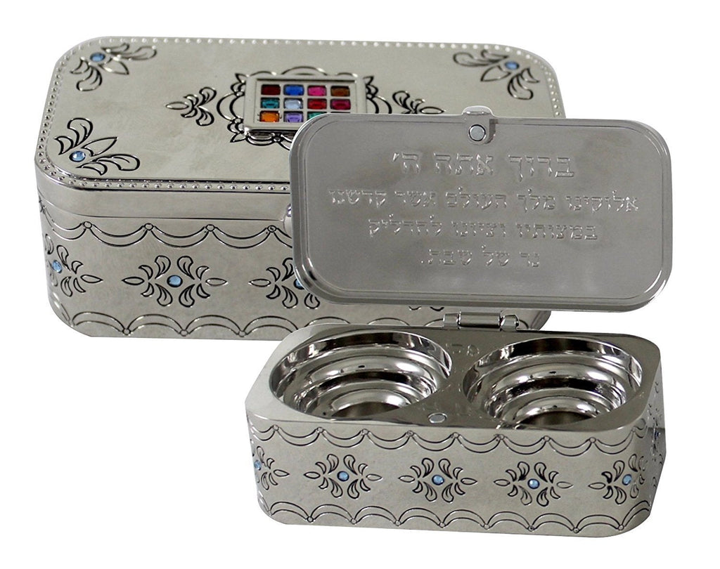 NewNest Australia - Judaica Nickel Travel Candlestick Shabbat Holiday Gift Hoshen Plate Engraved Hebrew Blessing 