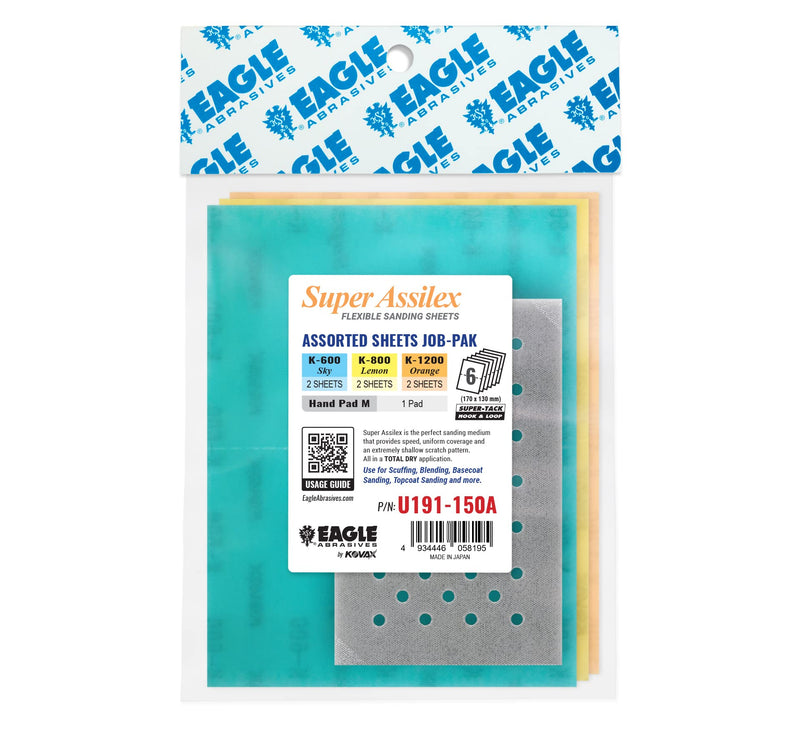 Super Assilex Flexible Sanding Sheets Job-PAK, Assorted K600-K1200, U191-150A, 6 Sheets + 1 M Hand Pad for Half Sheets w/ Half-sheet M Pad - NewNest Australia