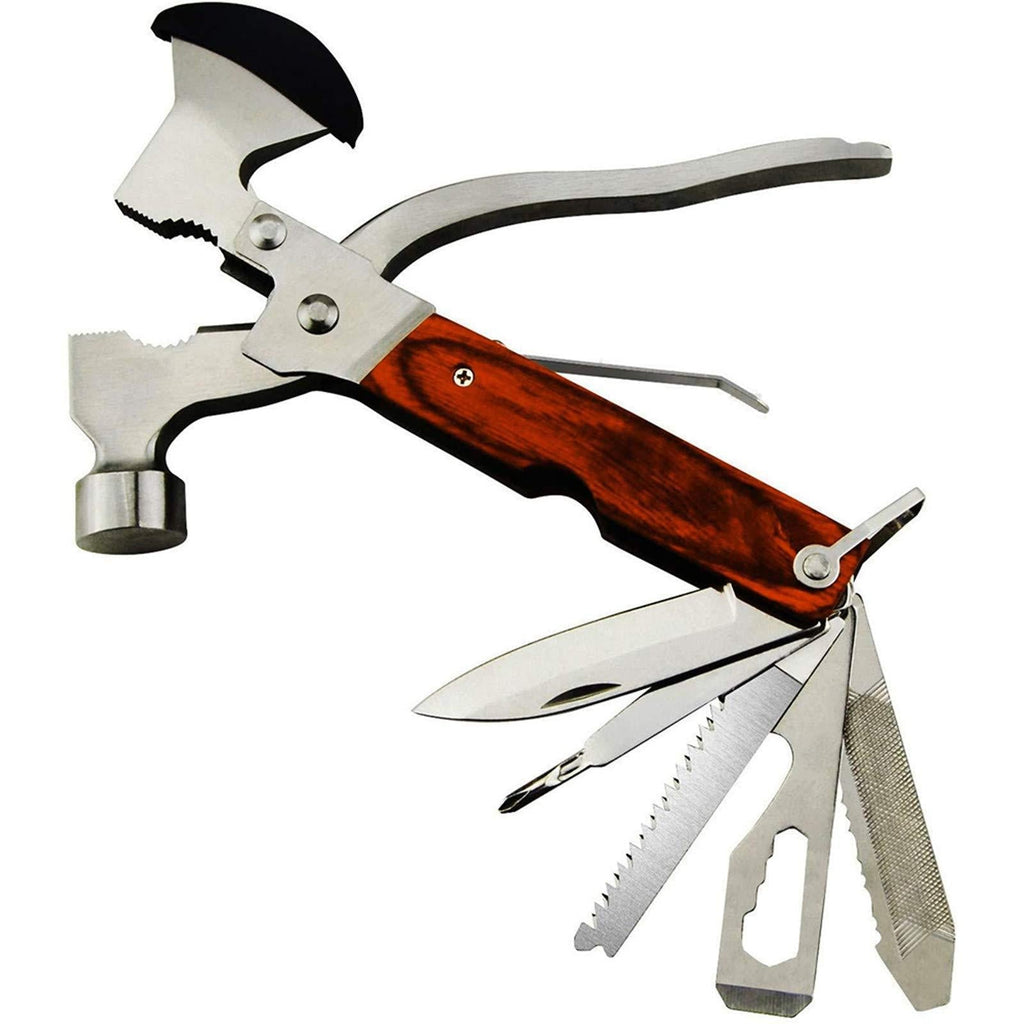 Rose Kuli 7'' Portable Multipurpose Multitool Multifunctional Pocket Mini Tools with Axe Hammer Plier Set Wooden Handle for Camping Accessories Hiking Outdoor Survival Gear Kit, Gift for Men Dad Axe-1 - NewNest Australia