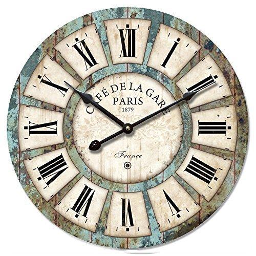NewNest Australia - 12" Vintage Roman Numeral Design Wood Clock - Eruner France ParisCafé De La Gare Colourful French Country Tuscan Style Wooden Wall Clock (#03, Normal) 12-in #03&non-ticking 