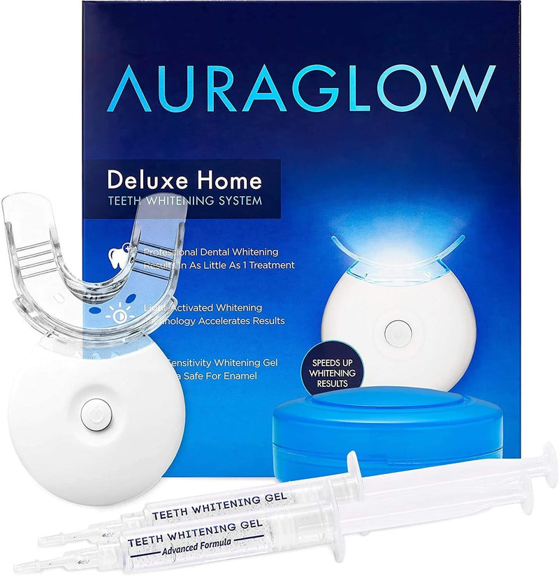 AuraGlow Teeth Whitening Kit, LED Light, 35% Carbamide Peroxide, (2) 5ml Gel Syringes, Tray and Case - NewNest Australia