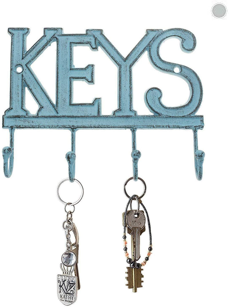 NewNest Australia - Key Holder “Keys” – Wall Mounted Western Key Holder | 4 Key Hooks | Decorative Cast Iron Key Rack | with Screws and Anchors – 6x8”- CA-1506-04 (Rustic Blue) Rustic Blue 