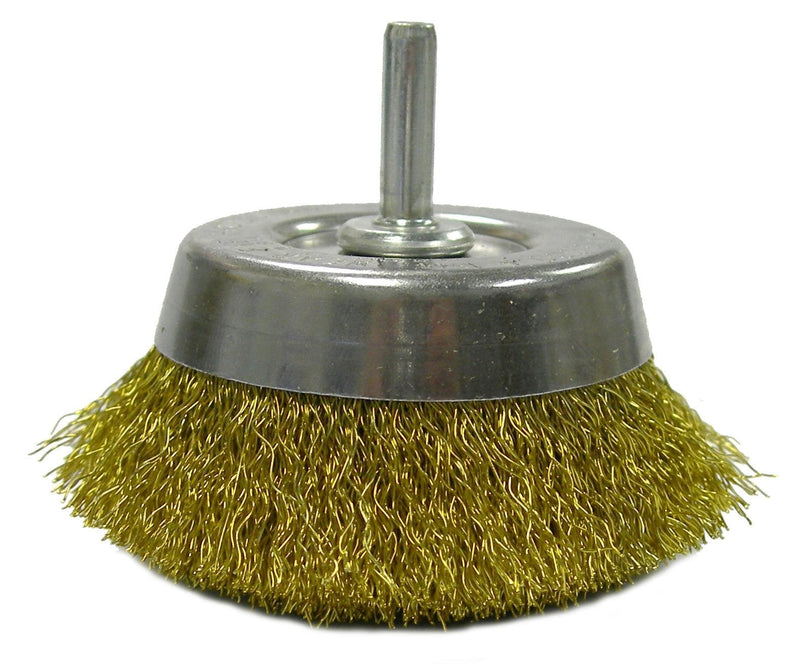 Weiler 14311 2-3/4" Crimped Wire Cup Brush, 0.0118" Brass Fill, 1/4" Stem, Made in The USA 2-3/4" Dia .0118" Wire Size x 7/8" Trim Length - NewNest Australia