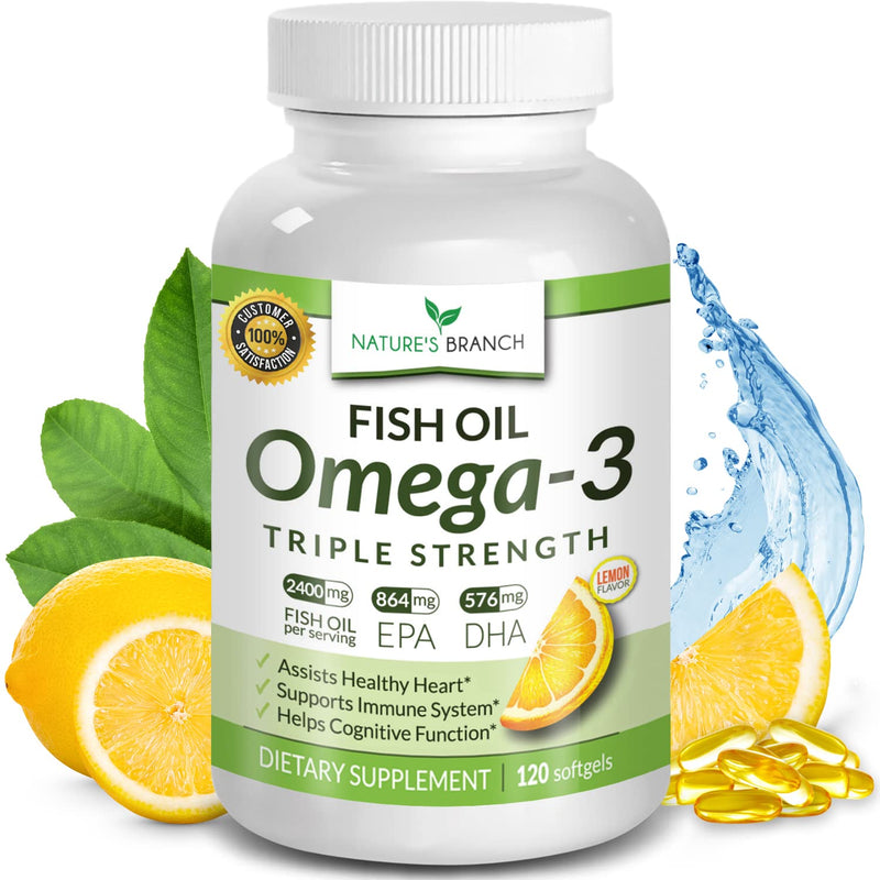 Best Triple Strength Omega 3 Fish Oil Pills 2400mg Burpless High Potency Lemon Flavor - 864mg EPA 576mg DHA Ultra Pure Liquid Softgels 120 Capsules for Brain Joints Eyes Hair Heart Health Supplement - NewNest Australia