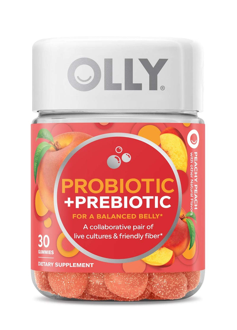 OLLY Probiotic + Prebiotic Gummy, Digestive Support and Gut Health, 500 Million CFUs, Fiber, Adult Chewable Supplement for Men and Women, Peach, 30 Day Supply - 30 Count Balanced Belly (30 Day Supply) - NewNest Australia