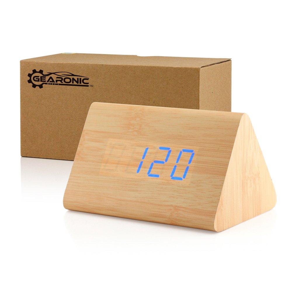 NewNest Australia - GEARONIC TM Modern Triangle Wood Clock Digital LED Wooden Alarm Clocks Digital Desk Thermometer Classical Timer Calendar - Bamboo 