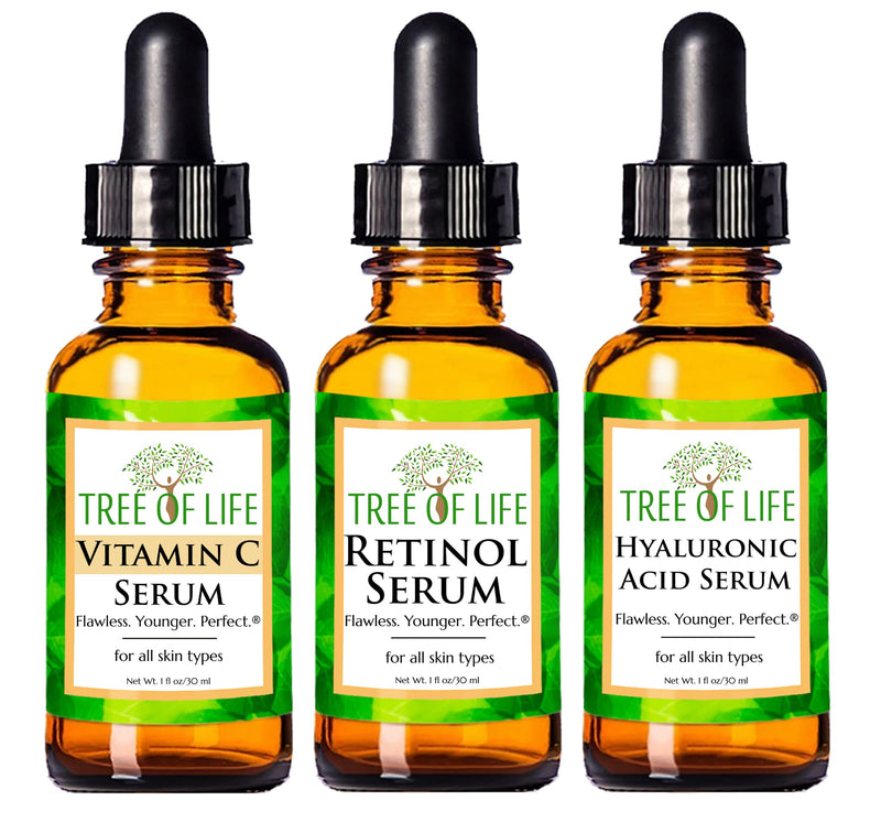Tree of Life Anti-Aging Complete Regimen 3-Pack, Vitamin C Serum, Retinol Serum and Hyaluronic Acid Serum, Renew, Revitalize and Brighten, 3 Count x 1 Fl Oz - NewNest Australia