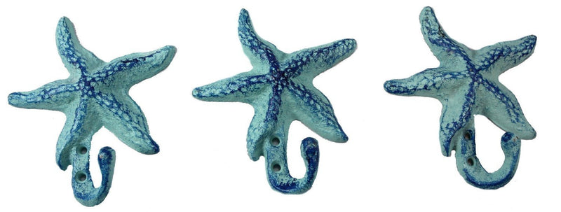 NewNest Australia - Starfish Cast Iron Wall Hooks Antique Blue - Set of 3 for Coats, Aprons, Hats, Towels, Pot Holders, More 