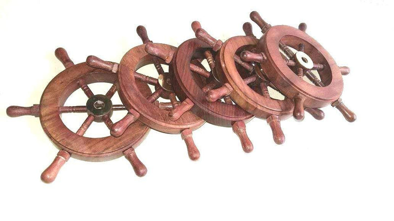 NewNest Australia - Nautical Pirate Wooden Ship Wheel Set of 5 W/Brass Hub 