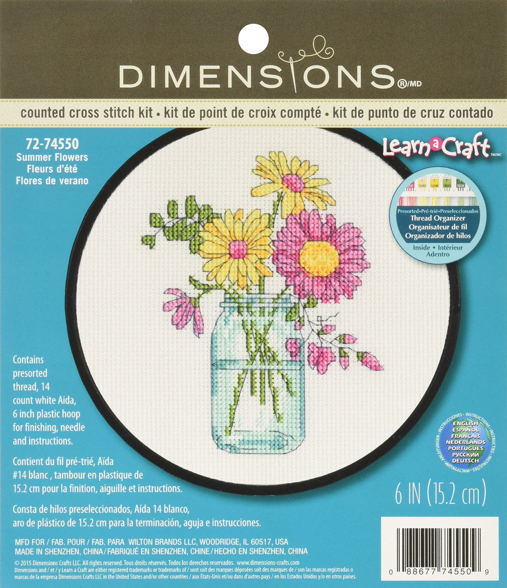 Dimensions Summer Flowers Counted Cross Stitch Kit for Beginners, White 14 Count Aida Cloth, 6'' D - NewNest Australia