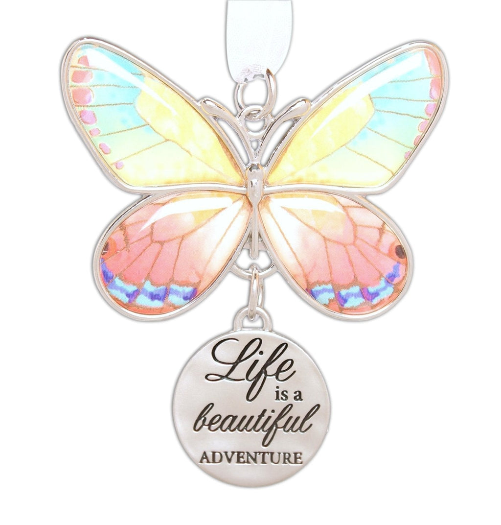 NewNest Australia - Ganz 2" Beautiful Zinc Butterfly Ornament with Sentiment Featuring White Organza Ribbon for Hanging (Life is a Beautiful Adventure) 