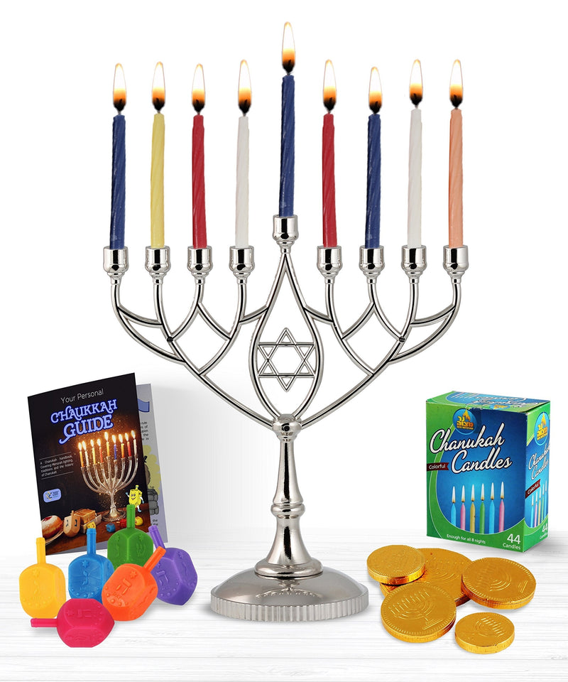 NewNest Australia - Zion Judaica Hanukkah Value Kit - Full Size Solid Menorah 44 Colored Candles Complete Hanukkah Guide Booklet 6 Colored Dreidels Sack of Milk Belgian Hanukkah Coins Gelt - All Essentials in 1 Box 