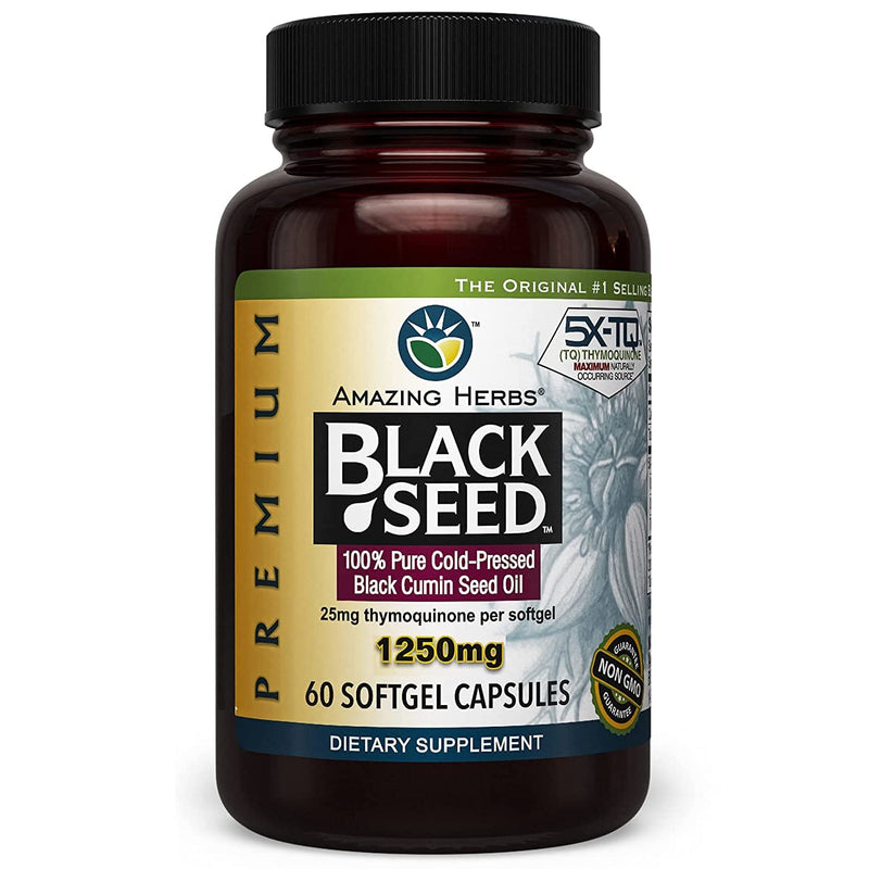 Amazing Herbs Premium Black Seed Oil Capsules - High Potency, Cold Pressed Nigella Sativa Aids in Digestive Health, Immune Support & Brain Function - 60 Count, 1250mg 60 Count (Pack of 1) - NewNest Australia